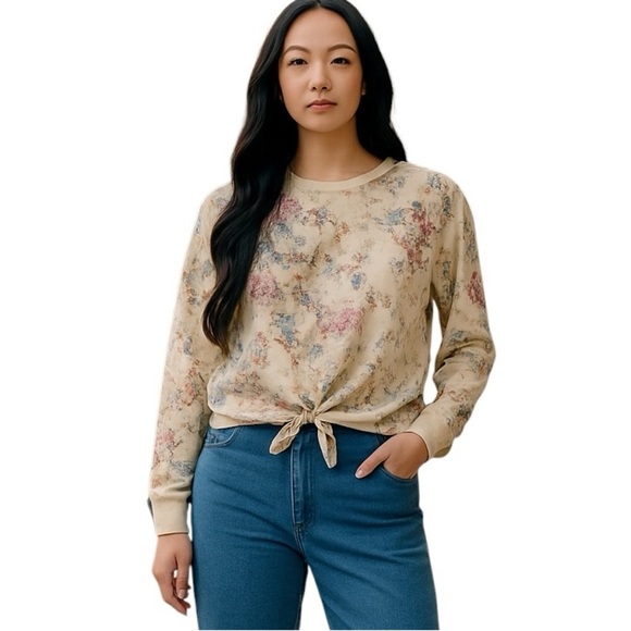 cinq a sept 5 a 7 Parker Sakura yellow pink floral Tie-Front Round Neck Top S - Picture 1 of 13